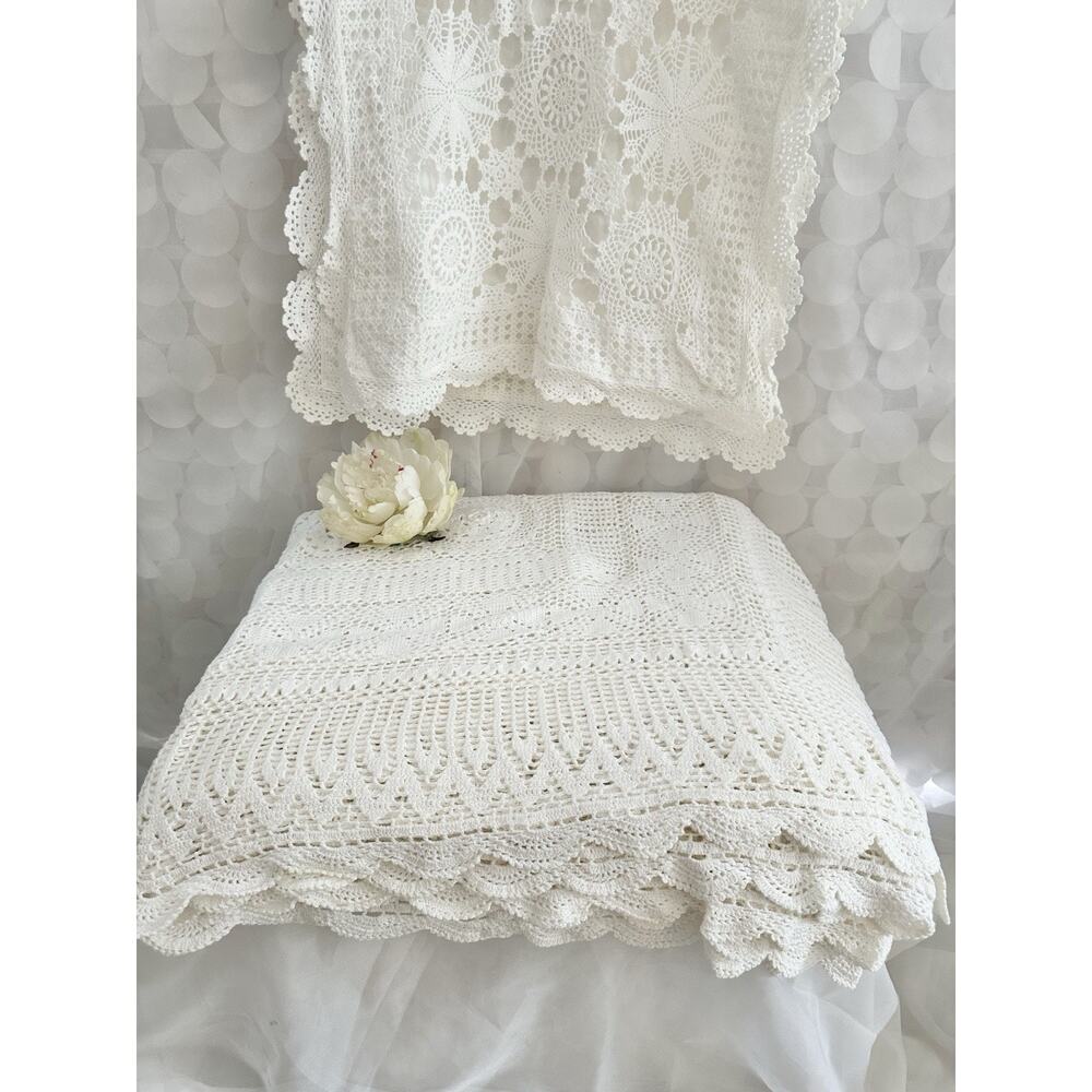 Vtg WHITE Bed Spread Crochet Floral Bedding Handmade COTTON Lace 2 Shams FULL Sz